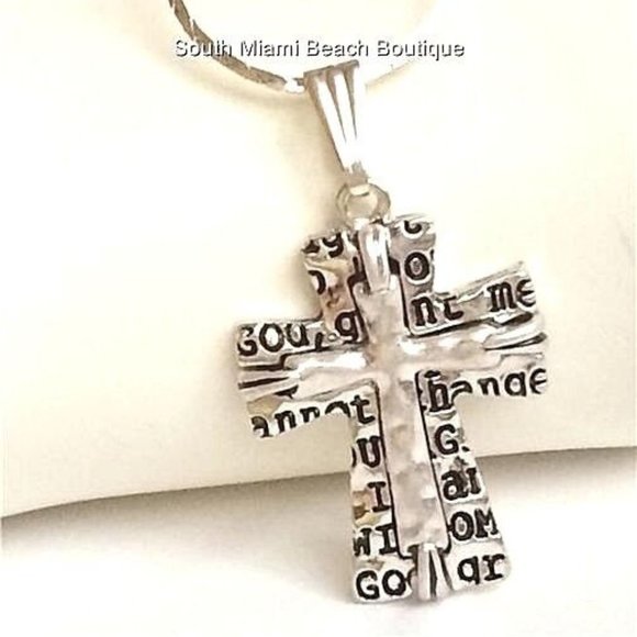 Serenity Prayer Cross Necklace Silver Plated Message AA Al-Anon NA 18" - Picture 3 of 9